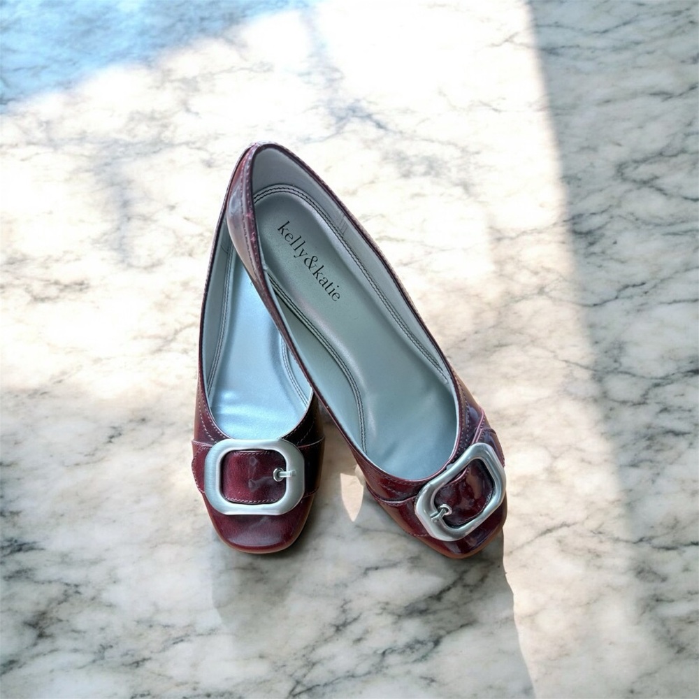 Kelly & Katie Maroon Flats with Silver Buckle